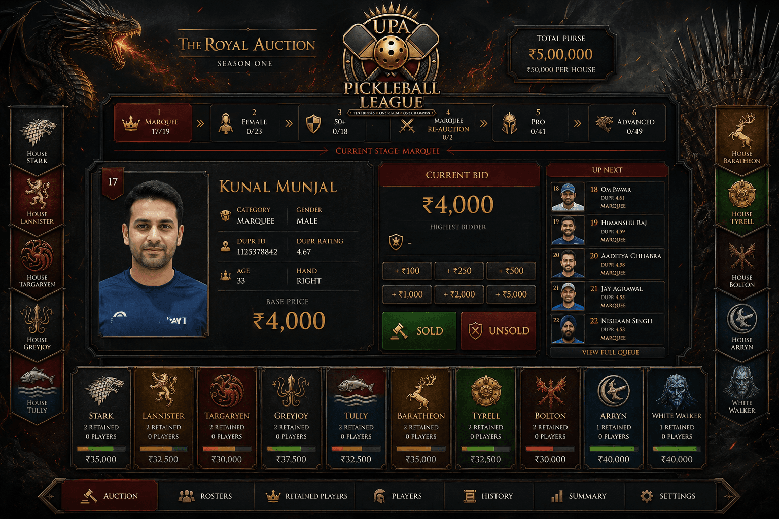SportsHammer custom Royal Auction interface created for the UPA Pickleball League